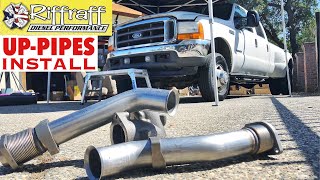 2001 F350 73  RiffRaff UpPipes Install  Stock up pipes leaking and falling apart JUNK SP [upl. by Niriam]